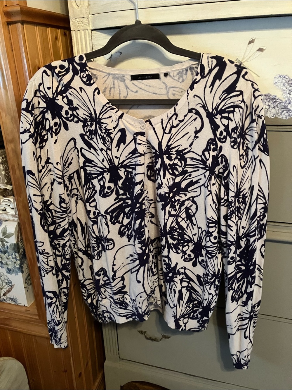 Daisy Fuentes Cream Cardigan with Navy Butterfly Print